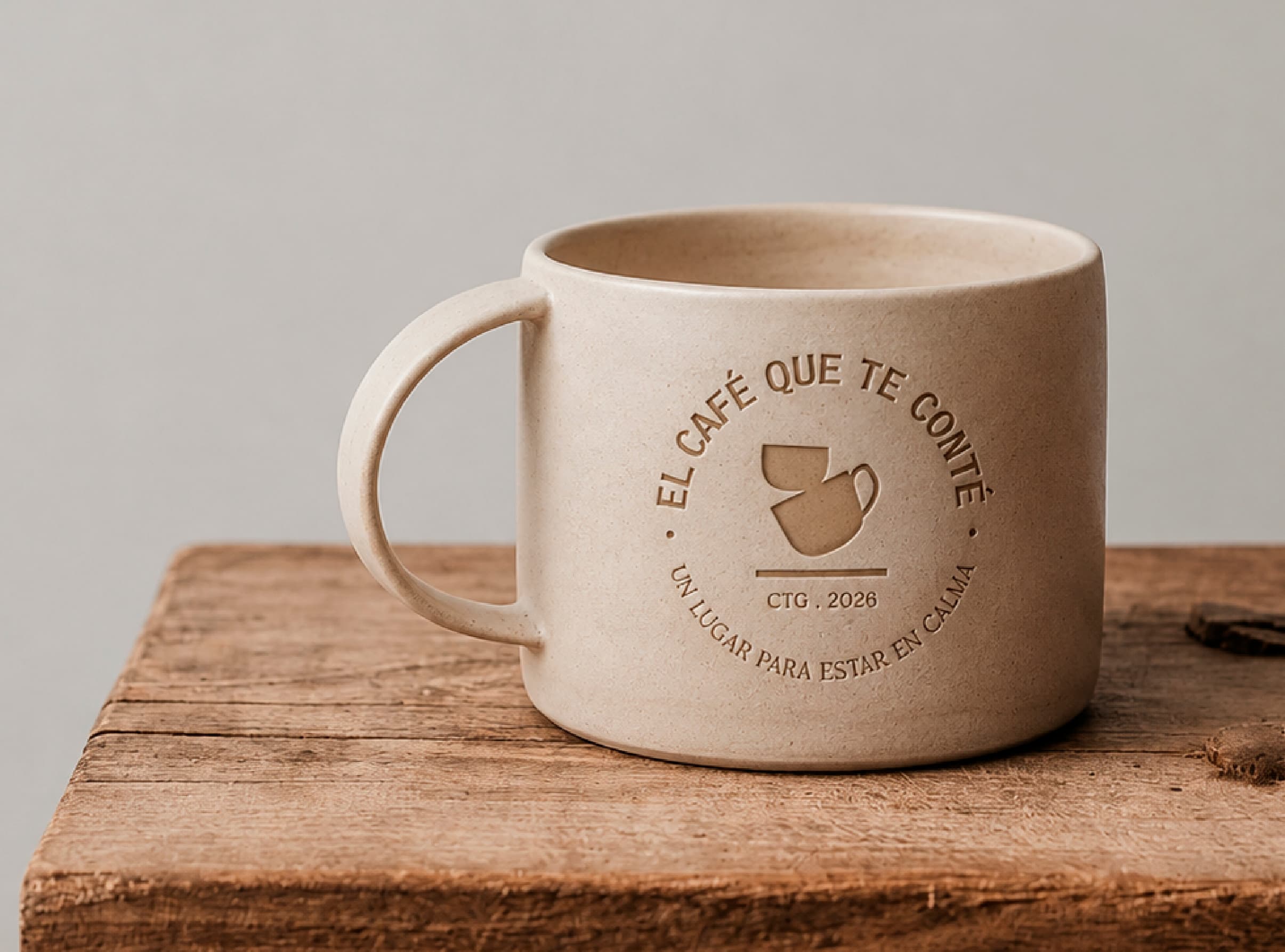 Taza de cerámica de El Café Que Te Conté sobre una mesa de madera
